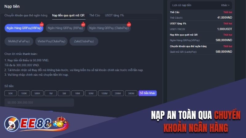 Nạp an toàn qua chuyển khoản ngân hàng